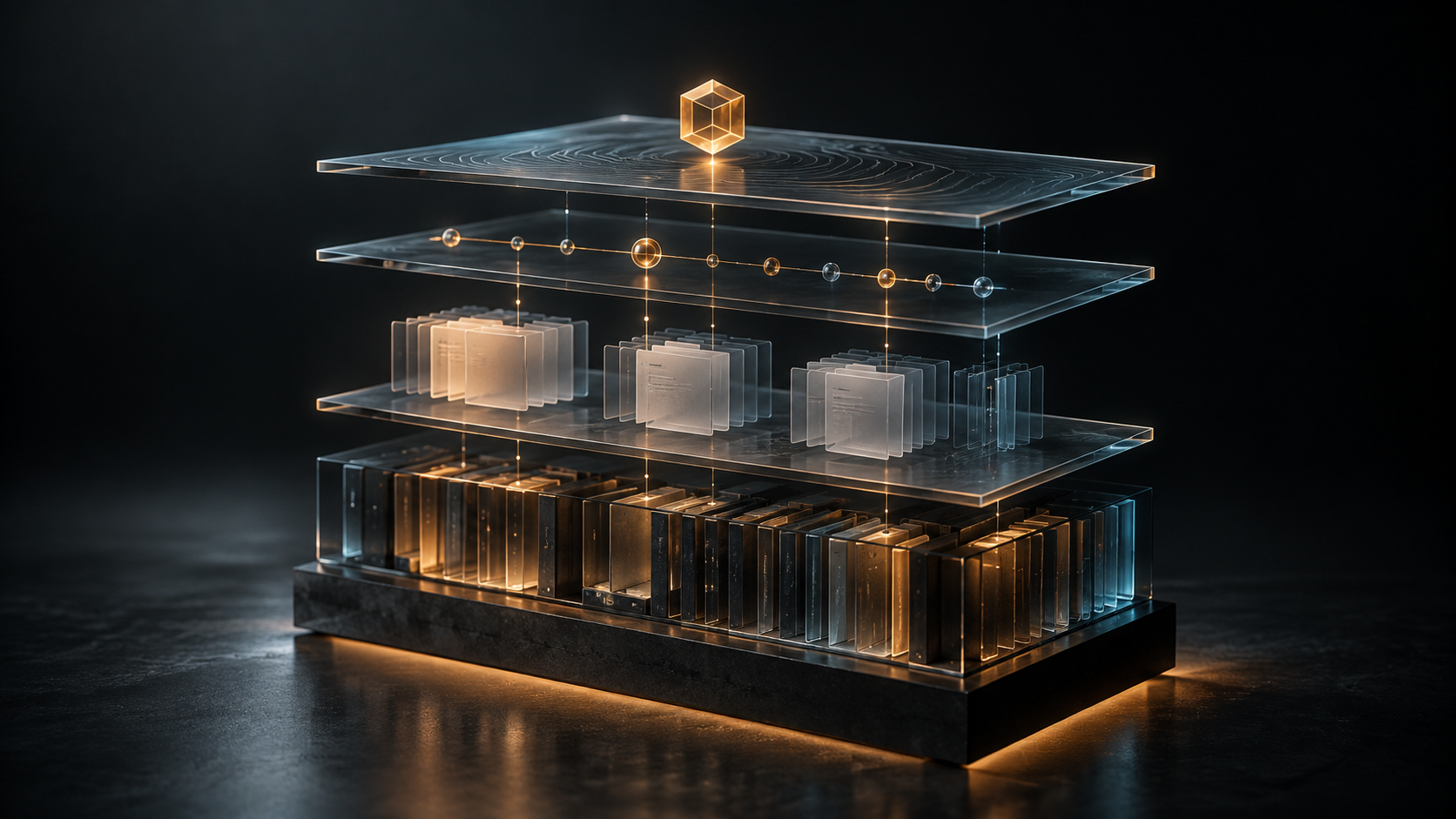 Layers of translucent documents, a current-state card, and a dated decision record connected by amber light above a dark archive
