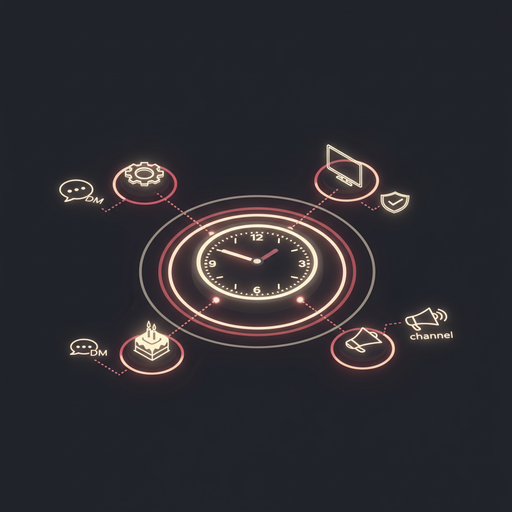 A system diagram showing a central heartbeat timer connecting to multiple skill nodes, each with a clock icon showing different schedules, with output arrows pointing to chat DMs and channels