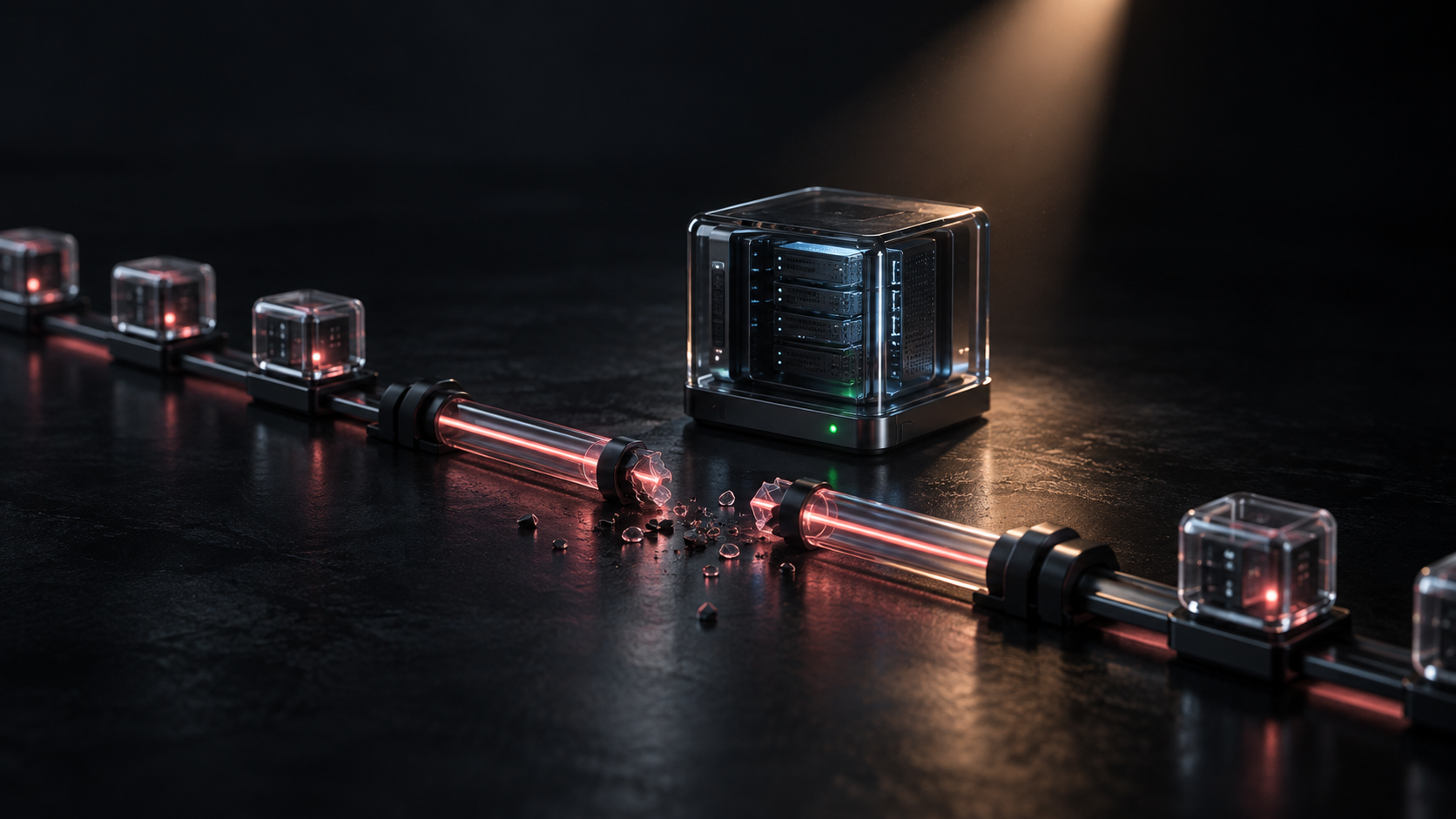 A glass server with a green status light sits beside a broken red conduit and waiting data capsules
