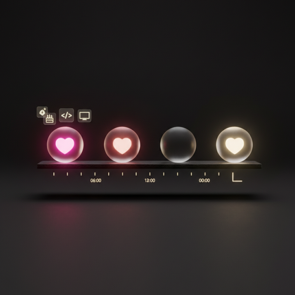 A row of glowing orbs on a dark timeline, each pulsing with light at different intervals like heartbeats on a monitor
