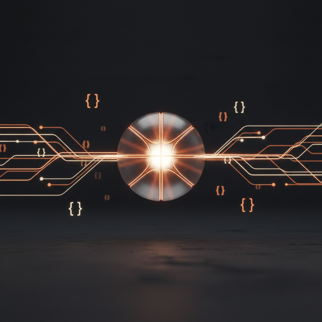 A translucent glass basketball hovering above a dark surface with glowing data streams and JSON brackets orbiting around it