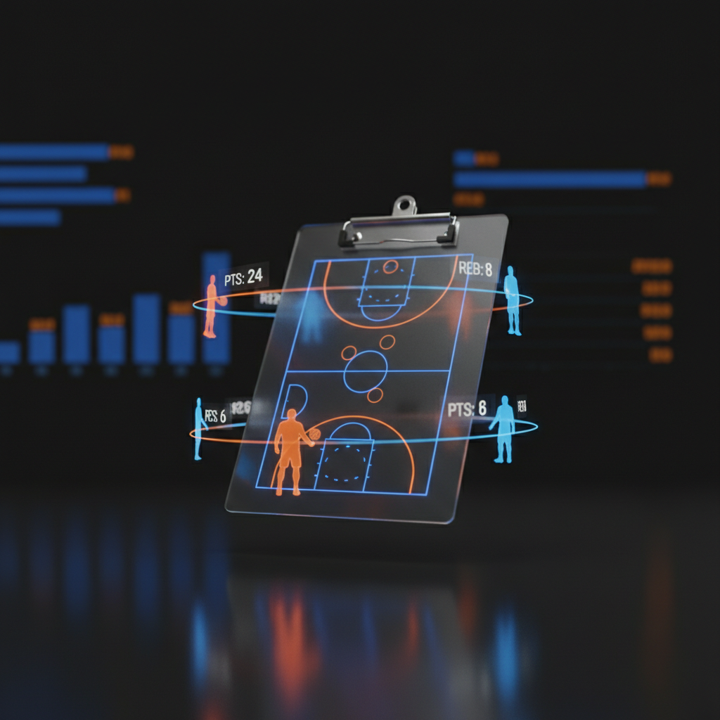A translucent glass clipboard with a glowing basketball court diagram, surrounded by holographic player silhouettes and floating stat numbers