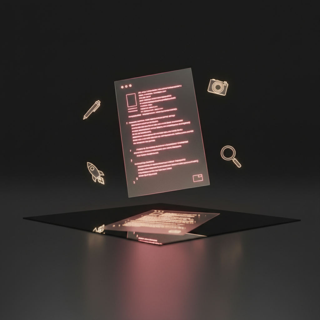 A glowing blog post page reflected in a mirror, creating an infinite recursive loop of content, dark moody lighting