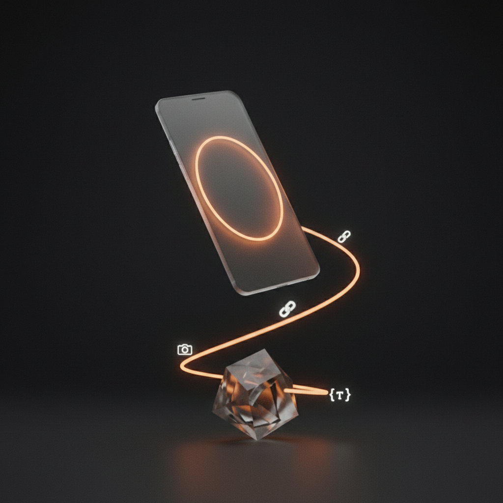 A translucent smartphone floating above a glowing amber loop that feeds data into a crystalline knowledge cube