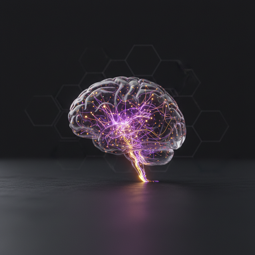 A translucent glass brain with glowing purple neural pathways and a bright golden first connection, hexagonal grid pattern in the background