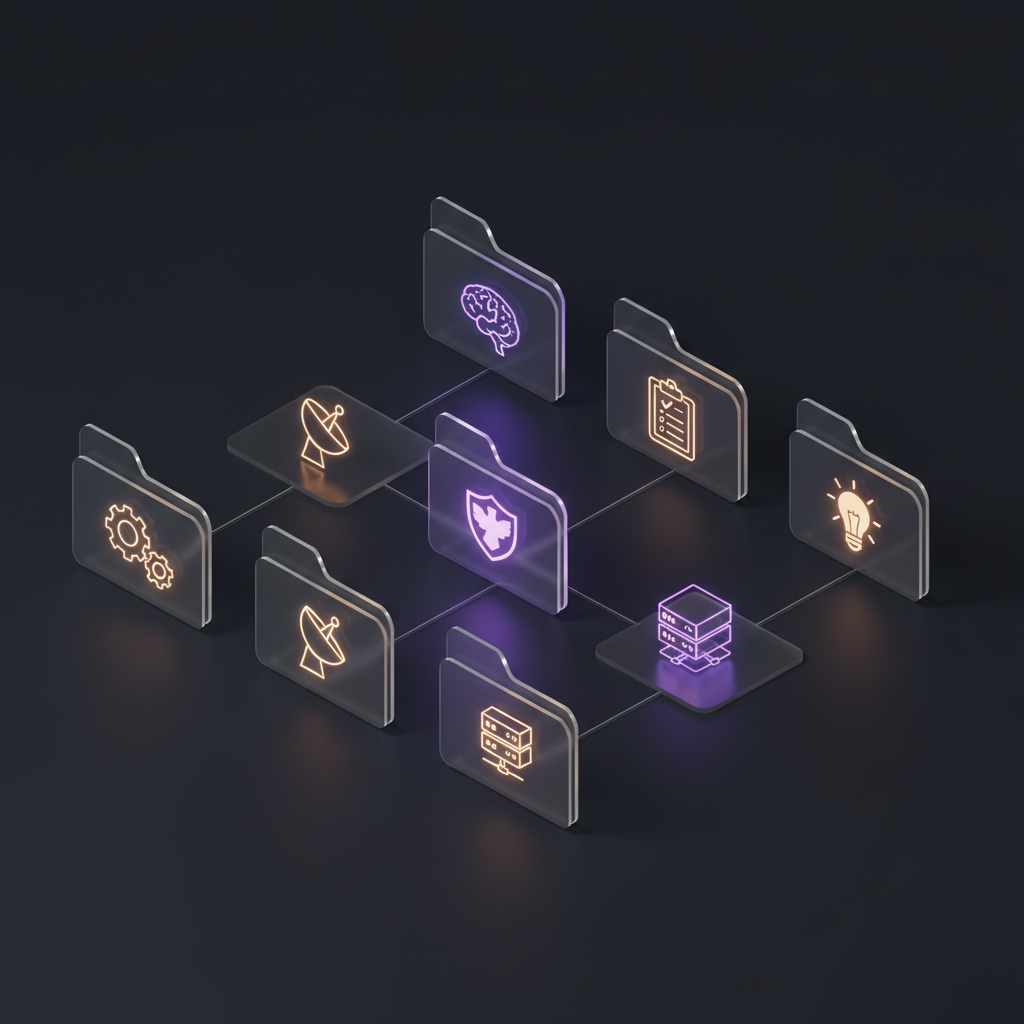 A grid of translucent glass folders on a dark surface, each with a glowing icon inside, connected by faint lines in a clean hierarchy