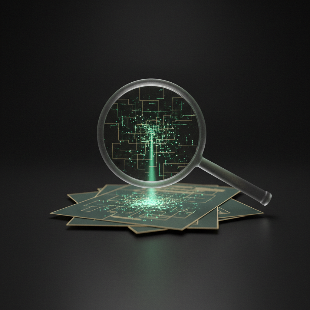 A translucent magnifying glass floating above layered documents, transforming them into structured data nodes with an emerald light beam