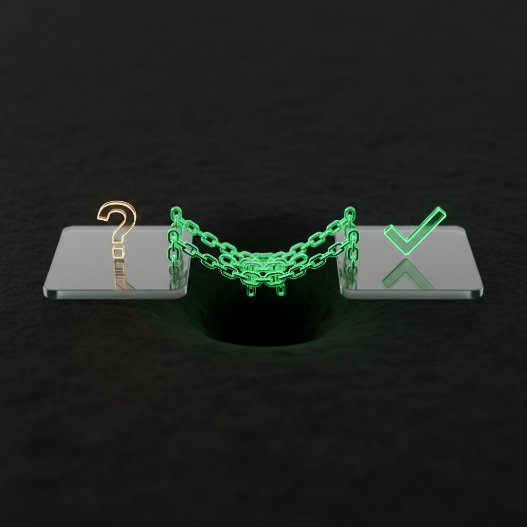 Two glass platforms with a glowing emerald bridge of citation chains connecting a question mark to a checkmark — doubt to trust