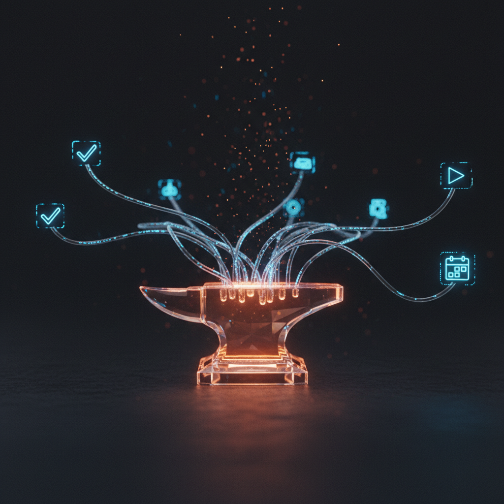A glowing forge anvil surrounded by interconnected pipelines and data streams, representing an automation engine at the center of a system