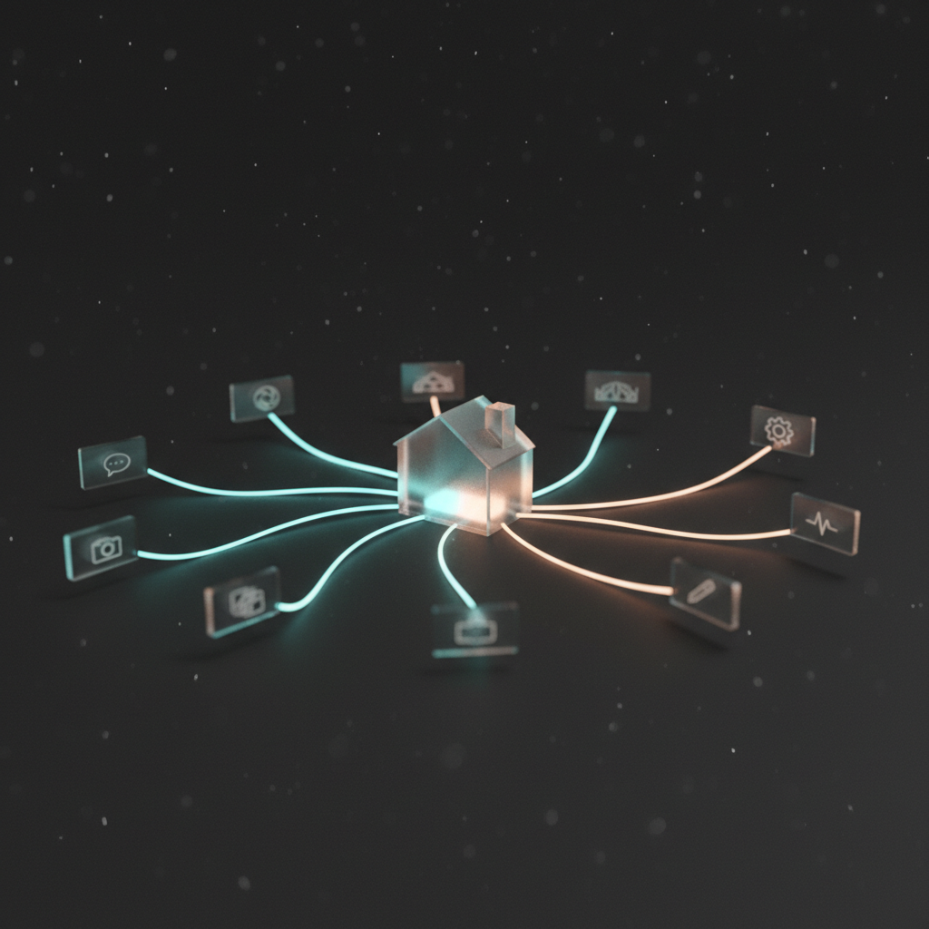 A glowing network of connected subdomain nodes branching from a central domain hub, floating above a dark surface