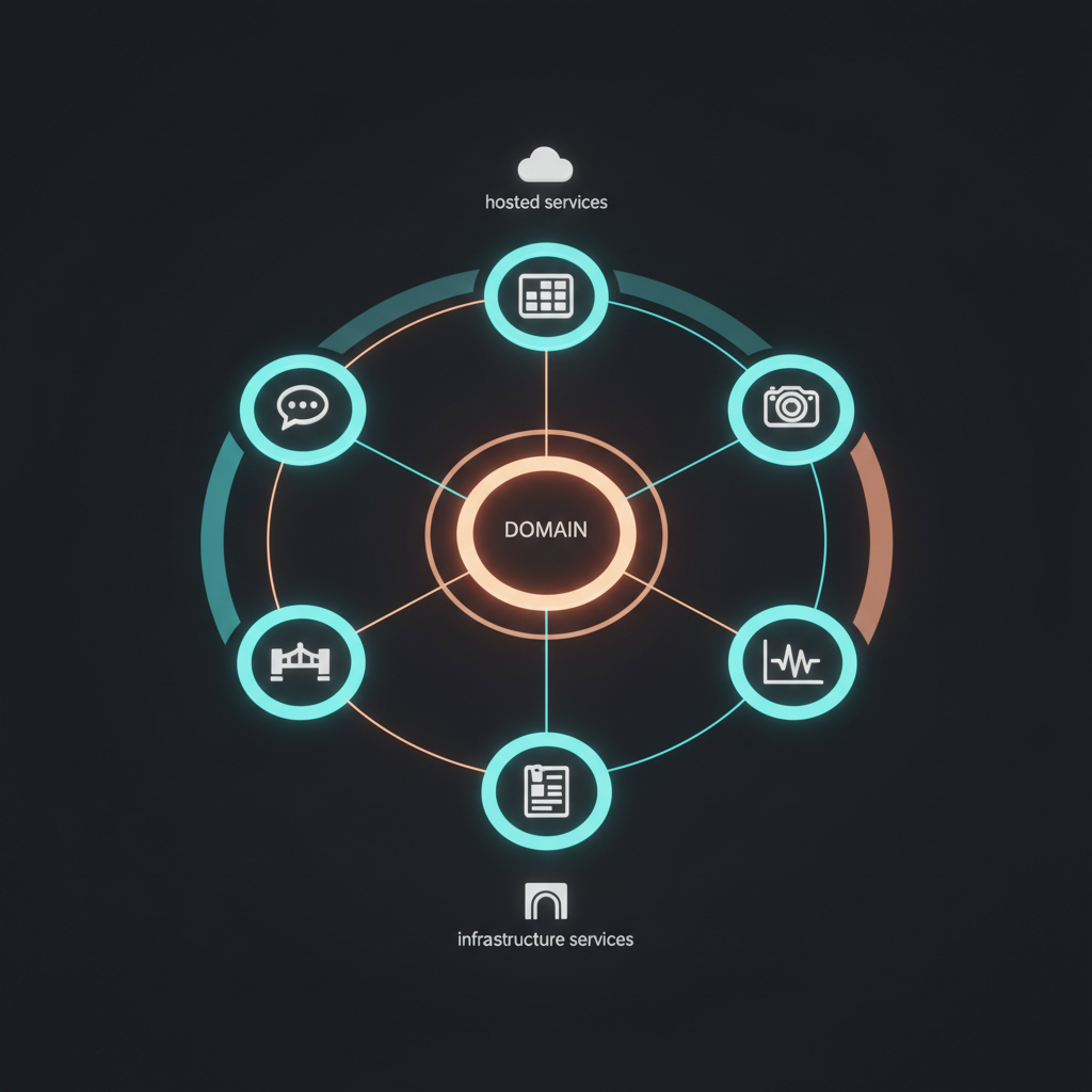 A map showing subdomains branching from a central domain, each connecting to different backend services