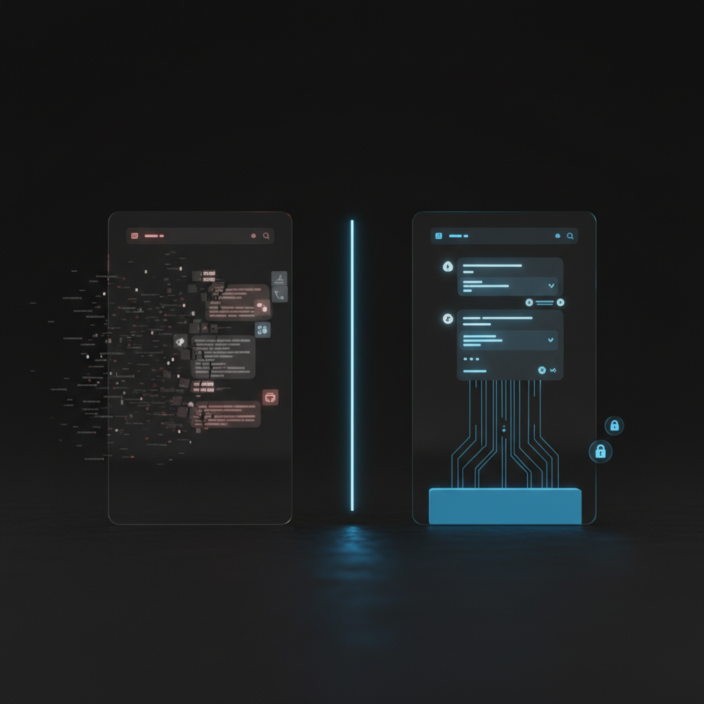 Two glass screens side by side — the left fragmenting with data flowing outward, the right solid with data flowing into a secure base