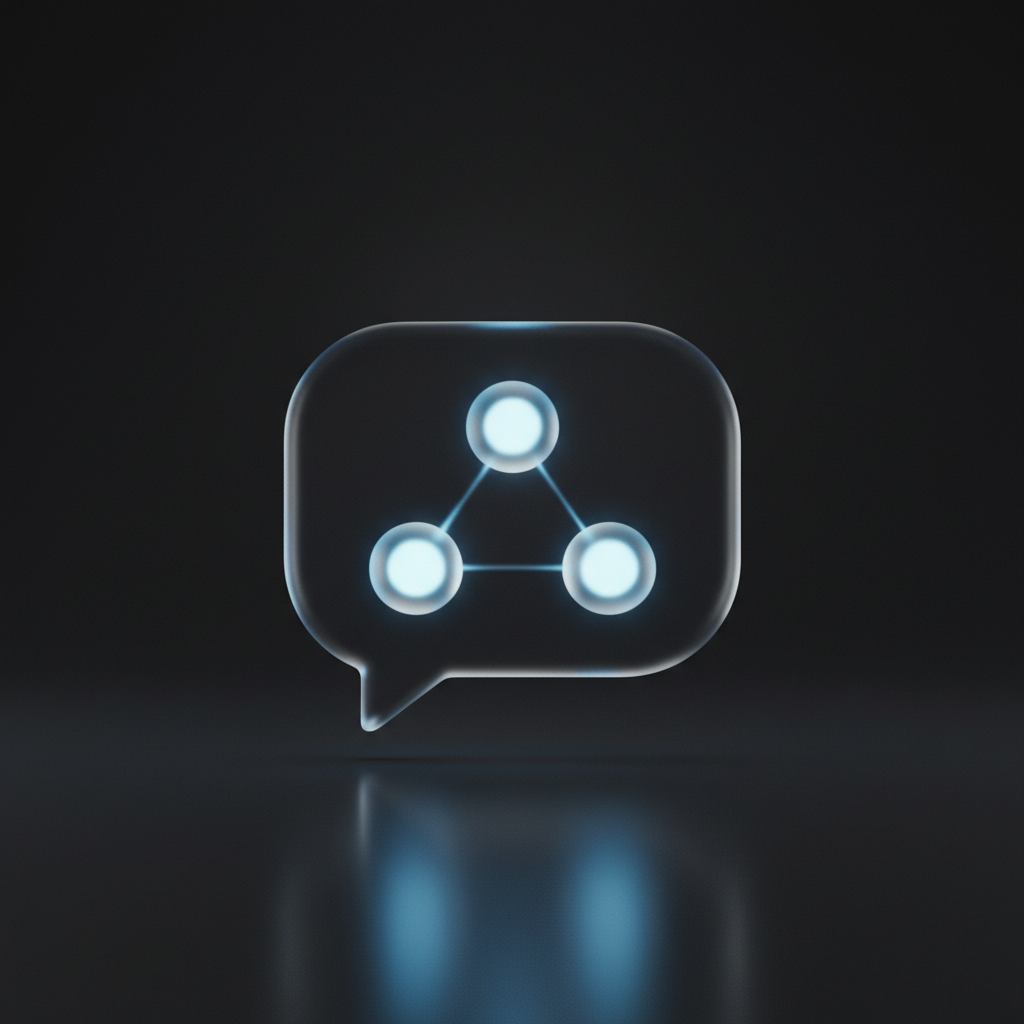 A translucent glass chat bubble with three glowing orbs inside representing AI agents in conversation