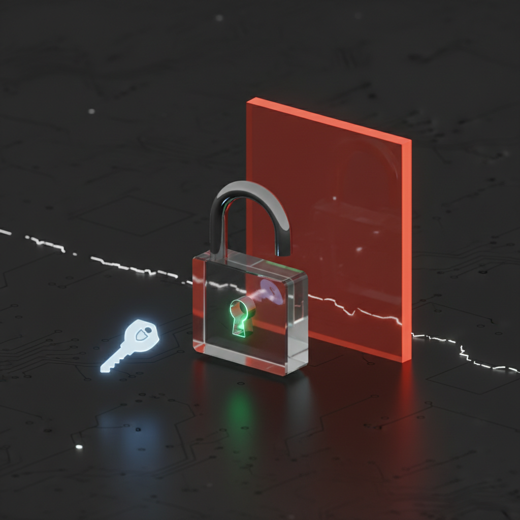 An unlocked glass padlock with a red barrier wall behind it — auth succeeded but access denied, with the missing key floating nearby