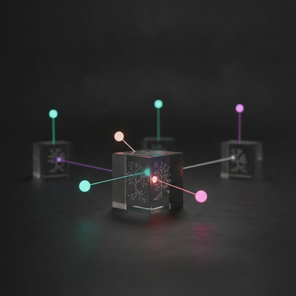 Several glowing agent nodes reaching into a single glass repository block, their light trails crossing and tangling