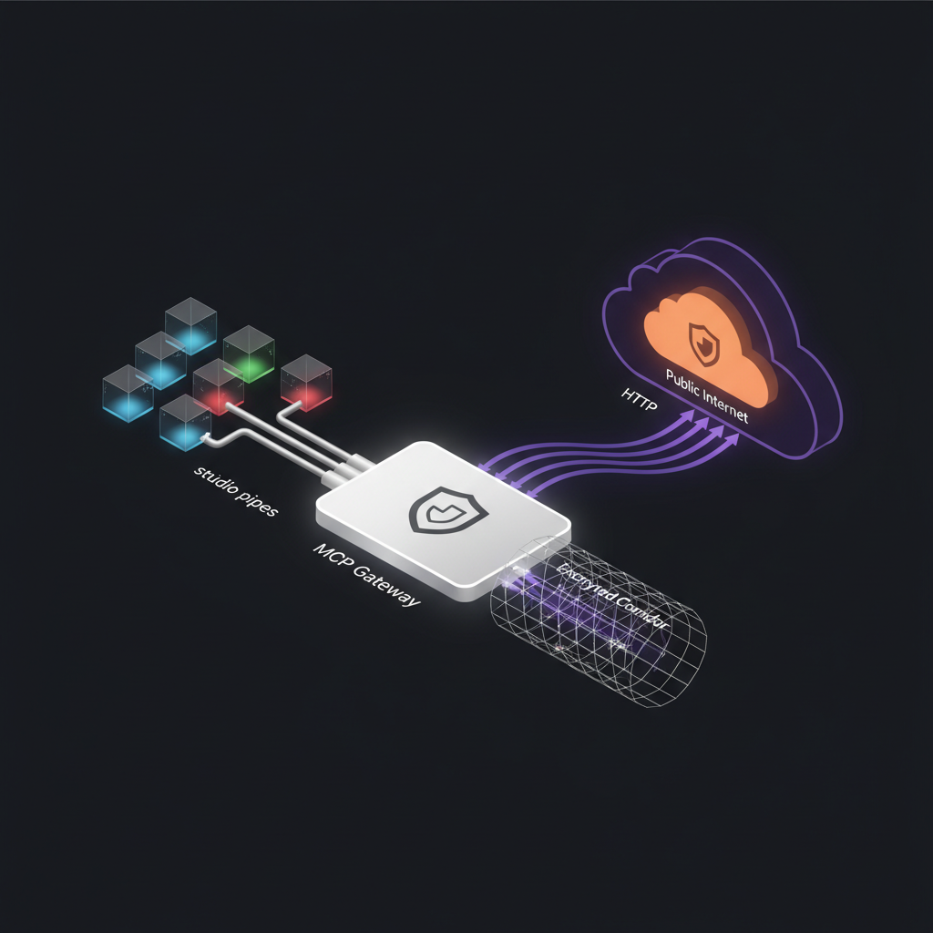 A network diagram showing the MCP Gateway on a dedicated container, proxying requests through Streamable HTTP to multiple agent MCP servers running as stdio processes