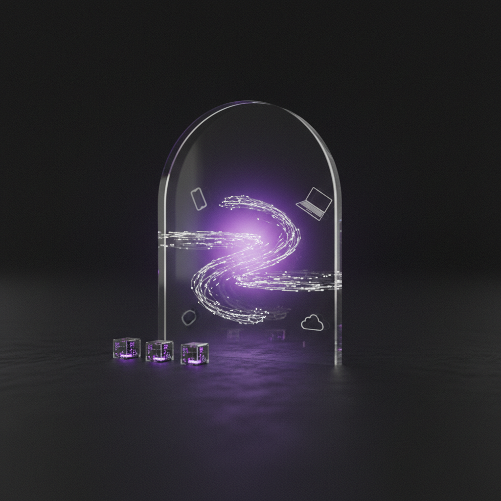 A glowing bridge of light connecting a small glass server cube to a large translucent cloud sphere, with data streams flowing across