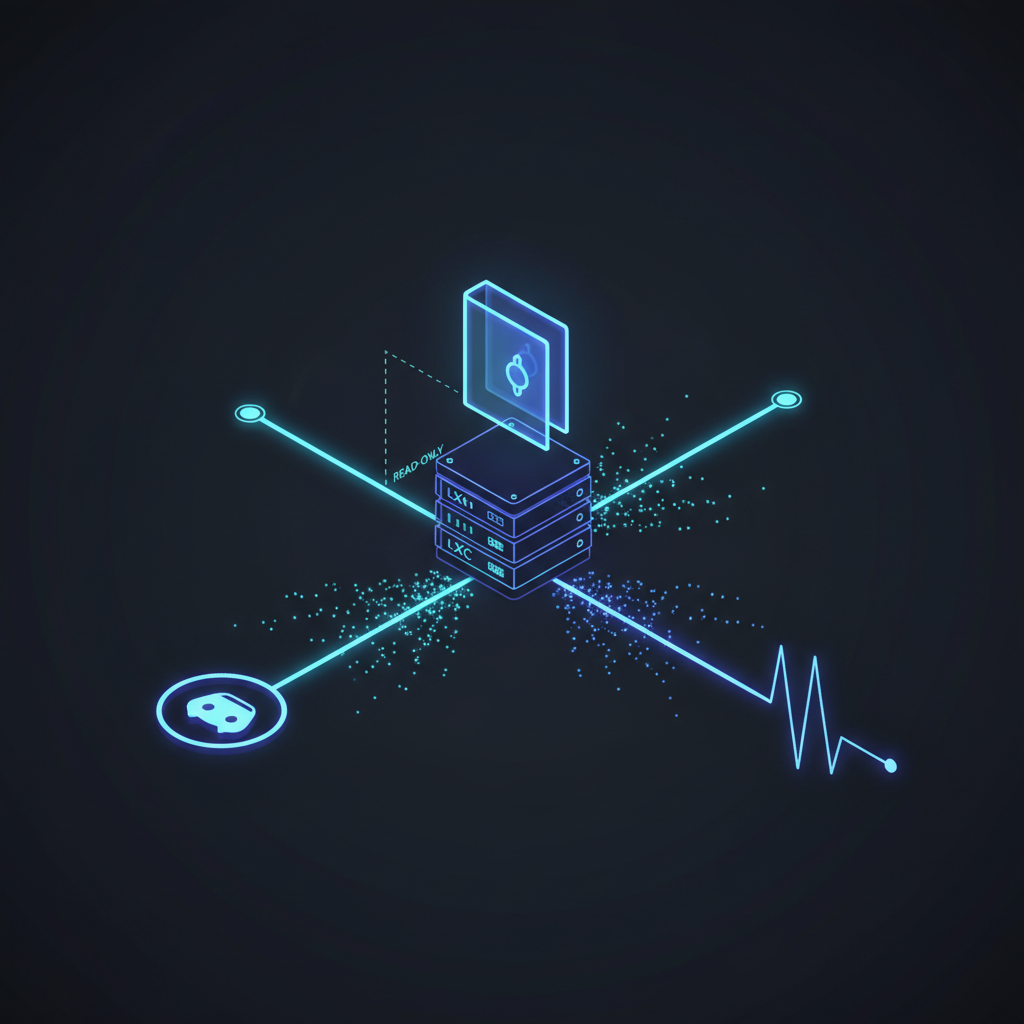 An isometric server rack with two glowing tracks — one to a chat interface, the other to a heartbeat wave — with a translucent knowledge vault nearby
