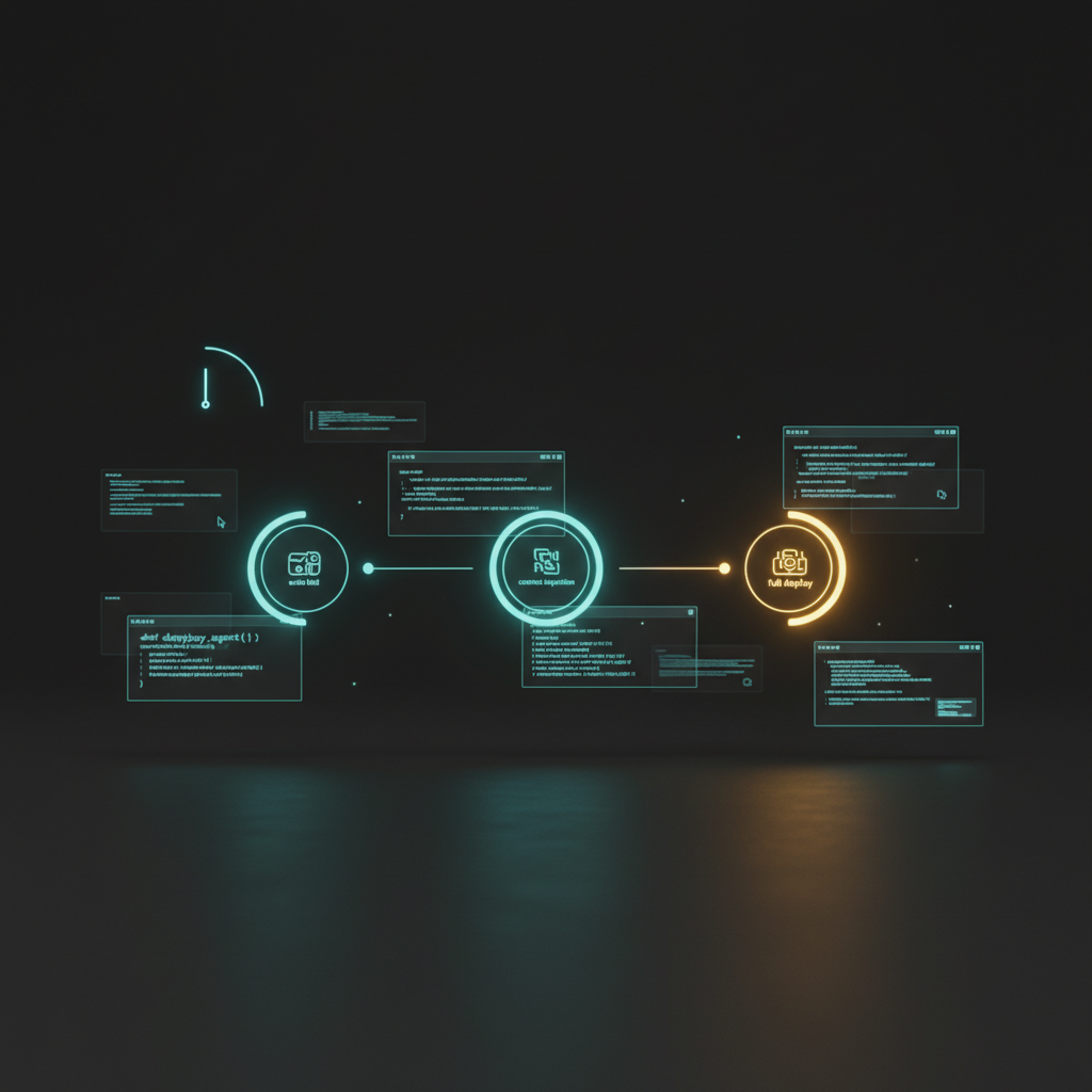 A holographic timeline with three milestone markers — echo bot, context injection, full deploy — floating above a dark desk with code fragments