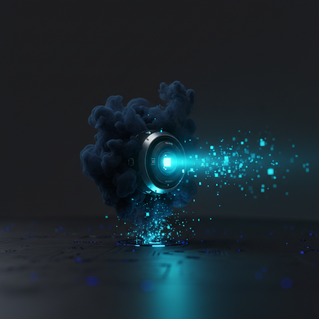 A sleek robotic sensor emerging from dark smoke, emitting a cyan beam of light — evoking teleportation and autonomous scanning