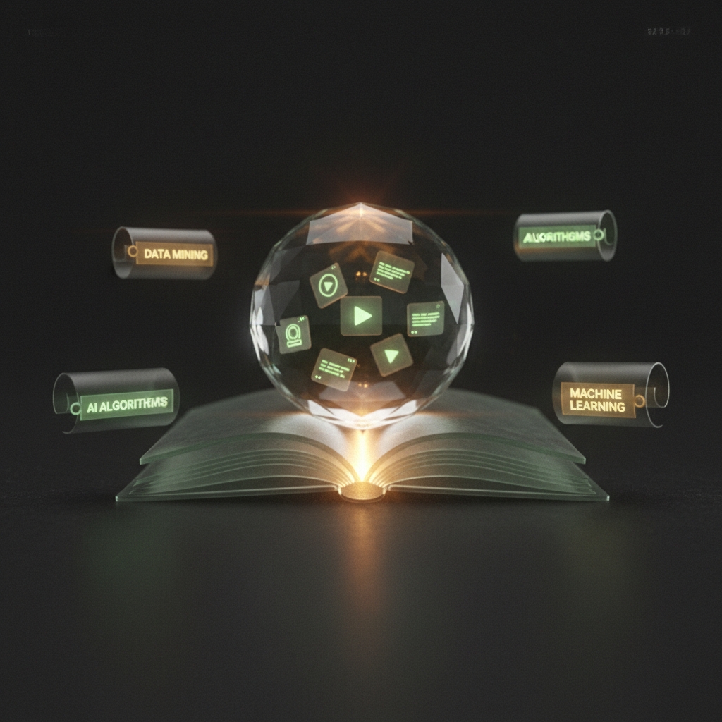 A luminous crystal orb resting on an open book, surrounded by floating categorized scrolls and soft golden light — evoking a knowledge library
