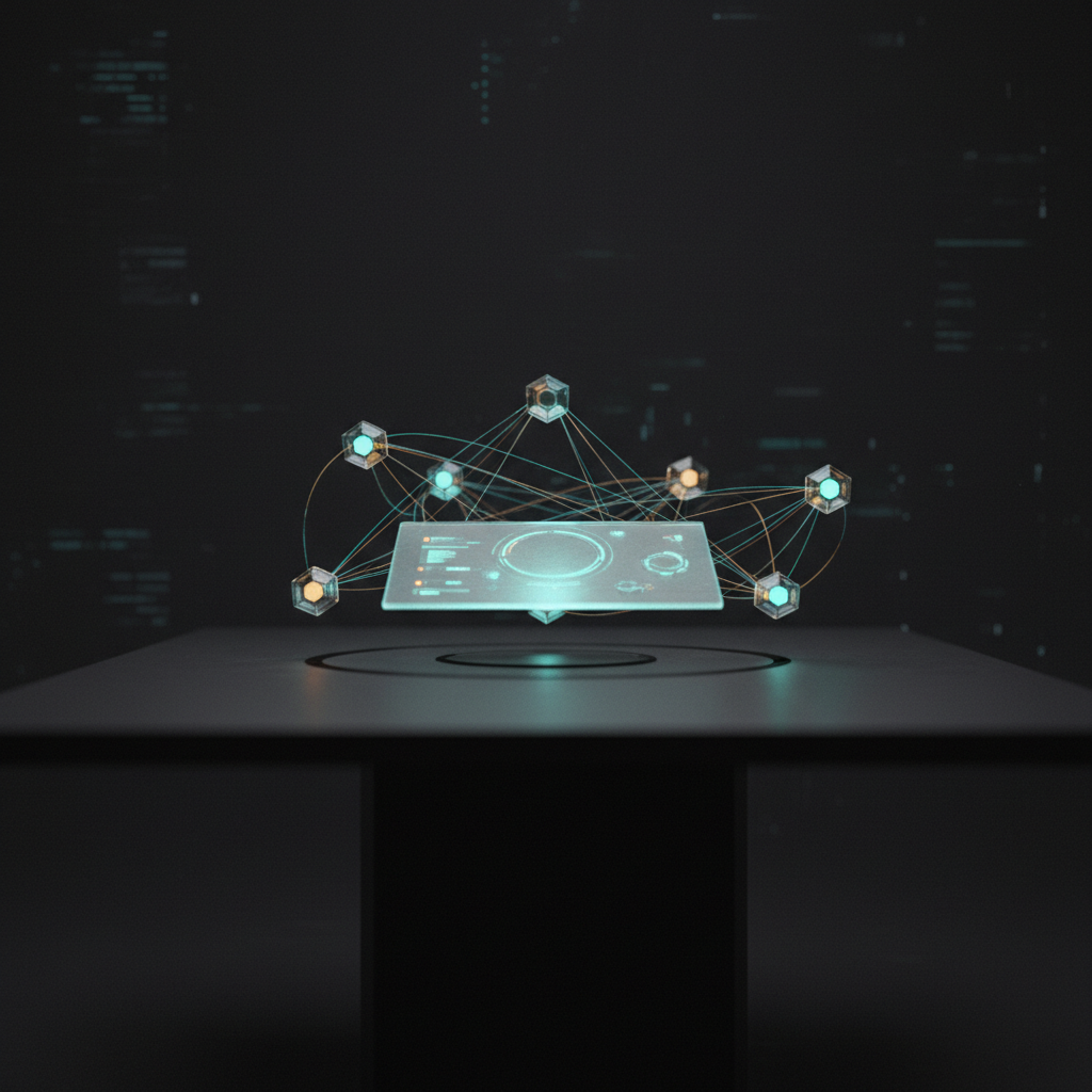 A dark command center with several glowing agent nodes converging on one central dashboard