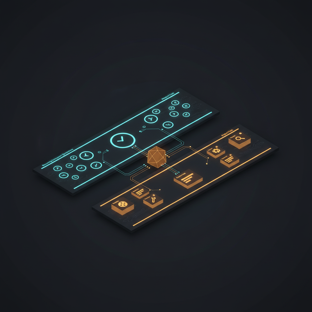 An isometric operational dashboard showing scheduled agent work on one side and assigned project tasks on the other, connected by glowing status lines