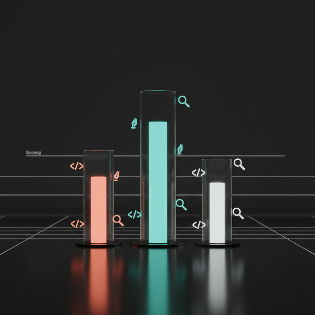 Three translucent glass pillars of varying heights in teal, coral, and white, with floating task icons and faint scoring grid lines