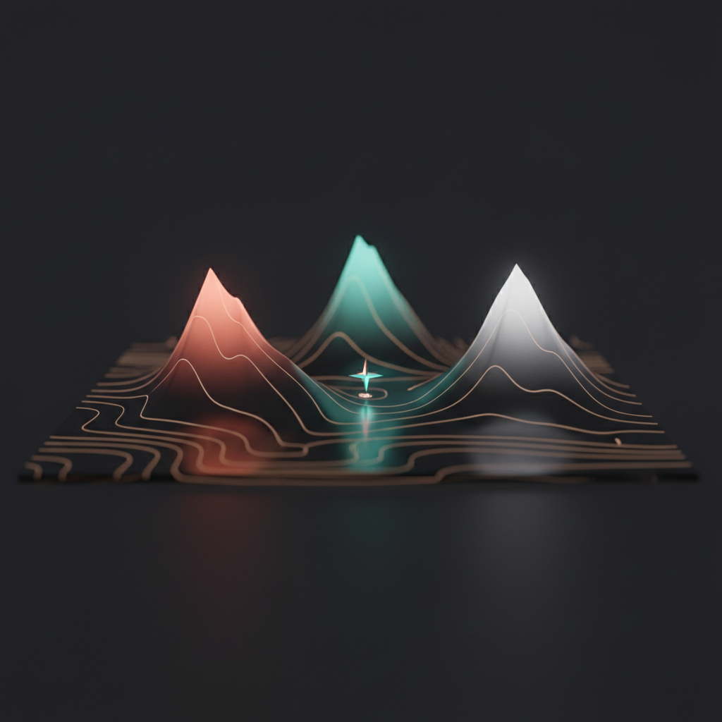 A dark topographic landscape with three glowing mountain peaks in teal, coral, and white representing different AI models