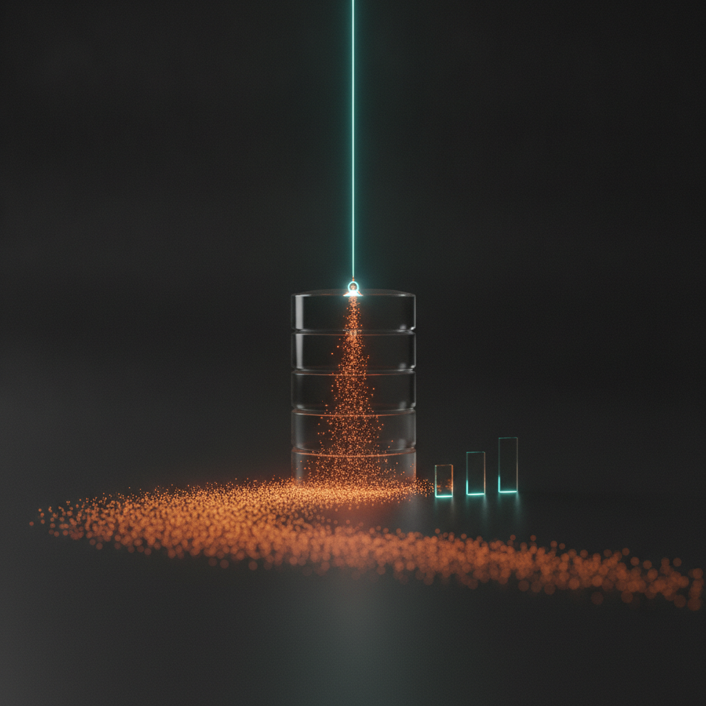 A single glowing query beam fanning out into thousands of tiny data particles pouring from a glass database cylinder
