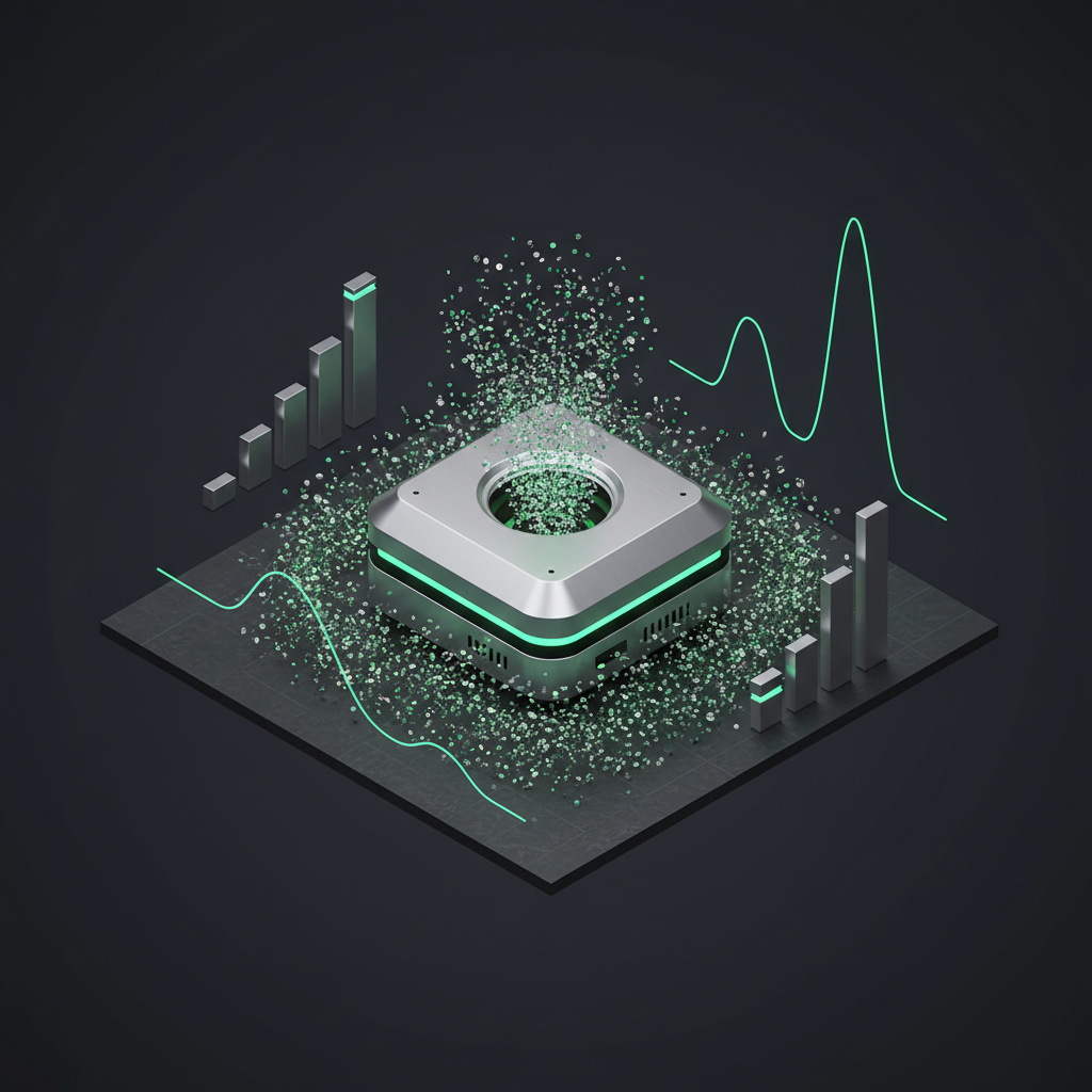 A dark technical benchmark scene showing a compact local inference node producing glowing token streams and latency traces