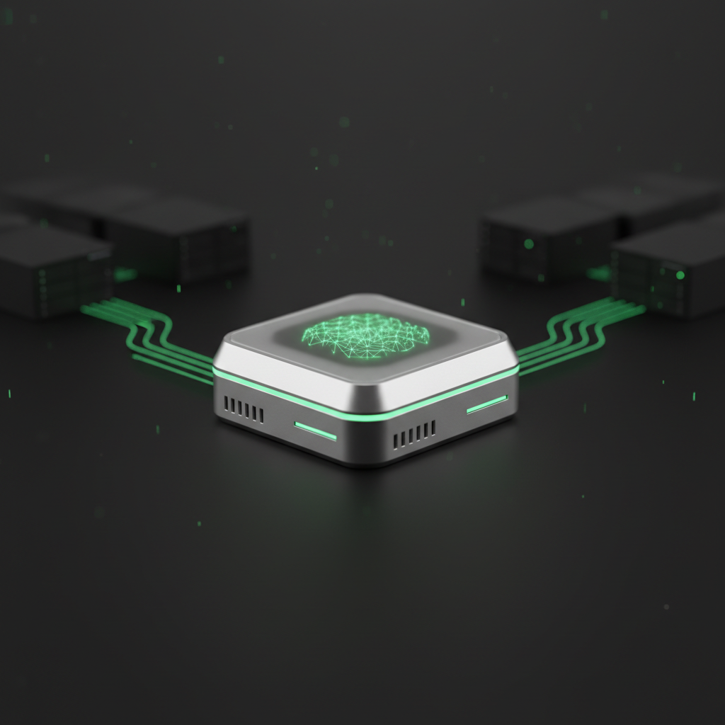 A compact silver compute node glowing with a local neural network inside a dark homelab scene