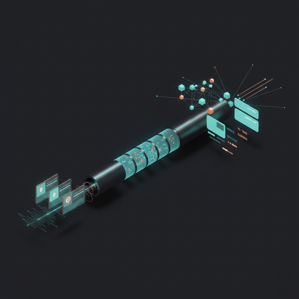 An isometric audio pipeline transforming podcast episodes into transcripts, summaries, quotes, and searchable knowledge nodes