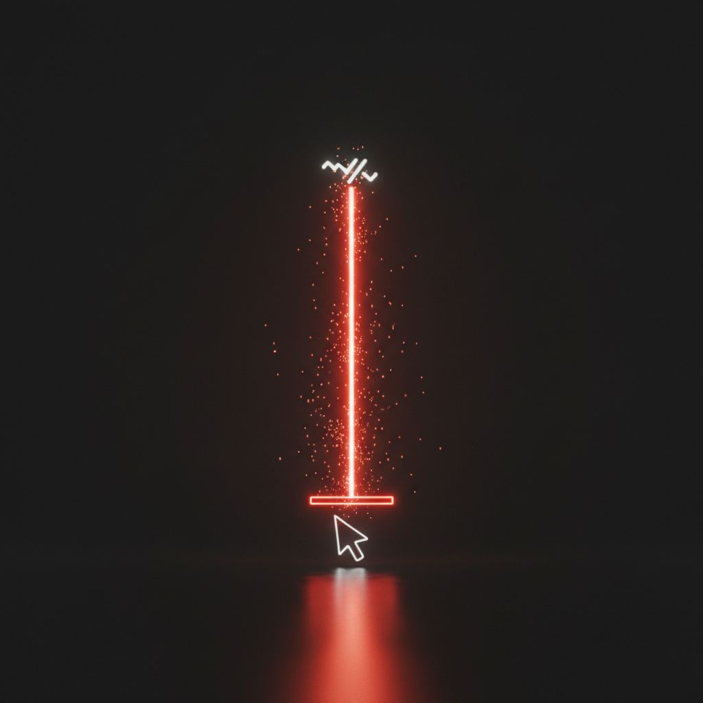 A glowing terminal cursor with a bright upward beam of light representing instant deployment, particles scattering upward