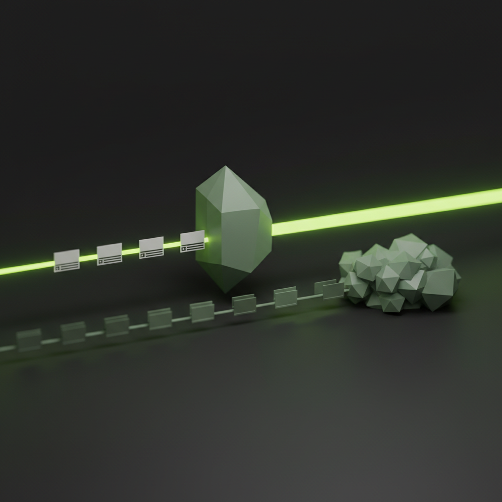 A sage-green AI classifier node moving work from a slow model path to a faster local model path