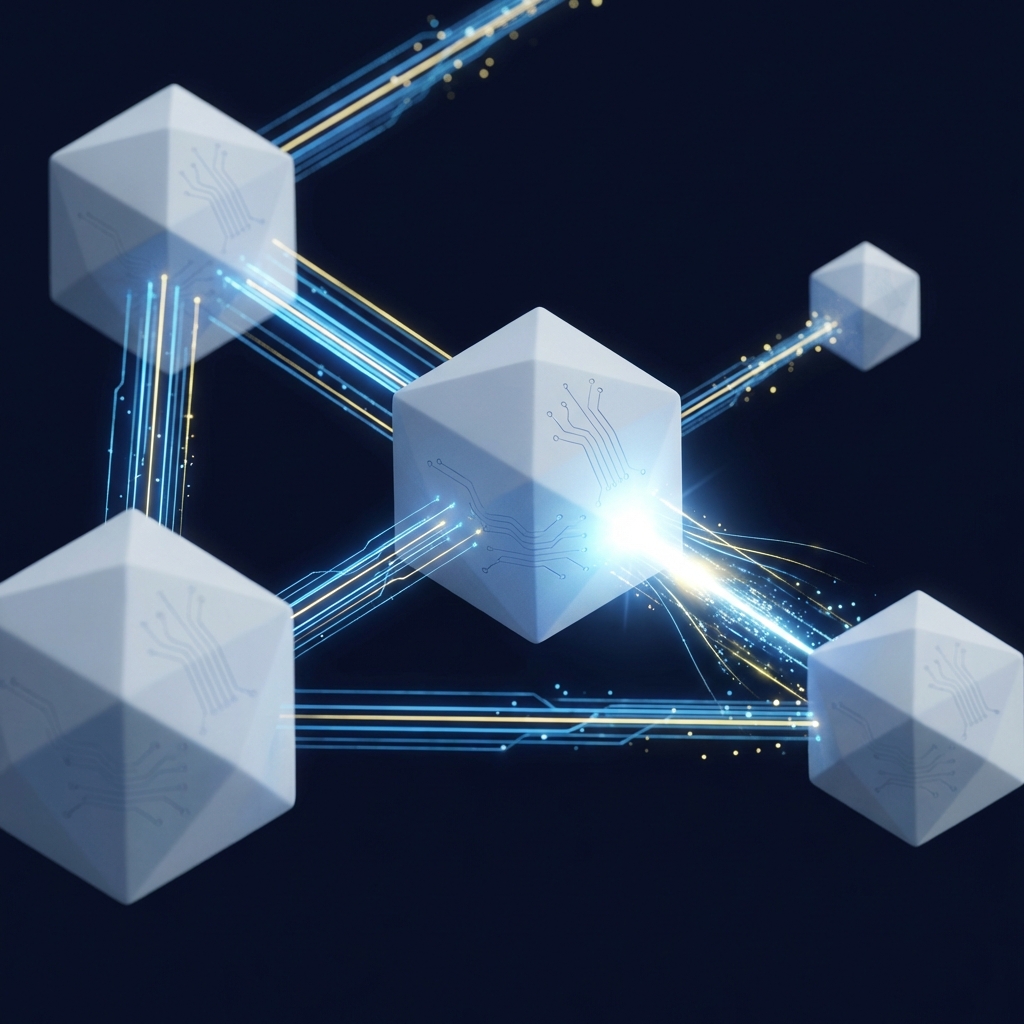 Three interconnected nodes with glowing data streams flowing between them, representing agent-to-agent delegation