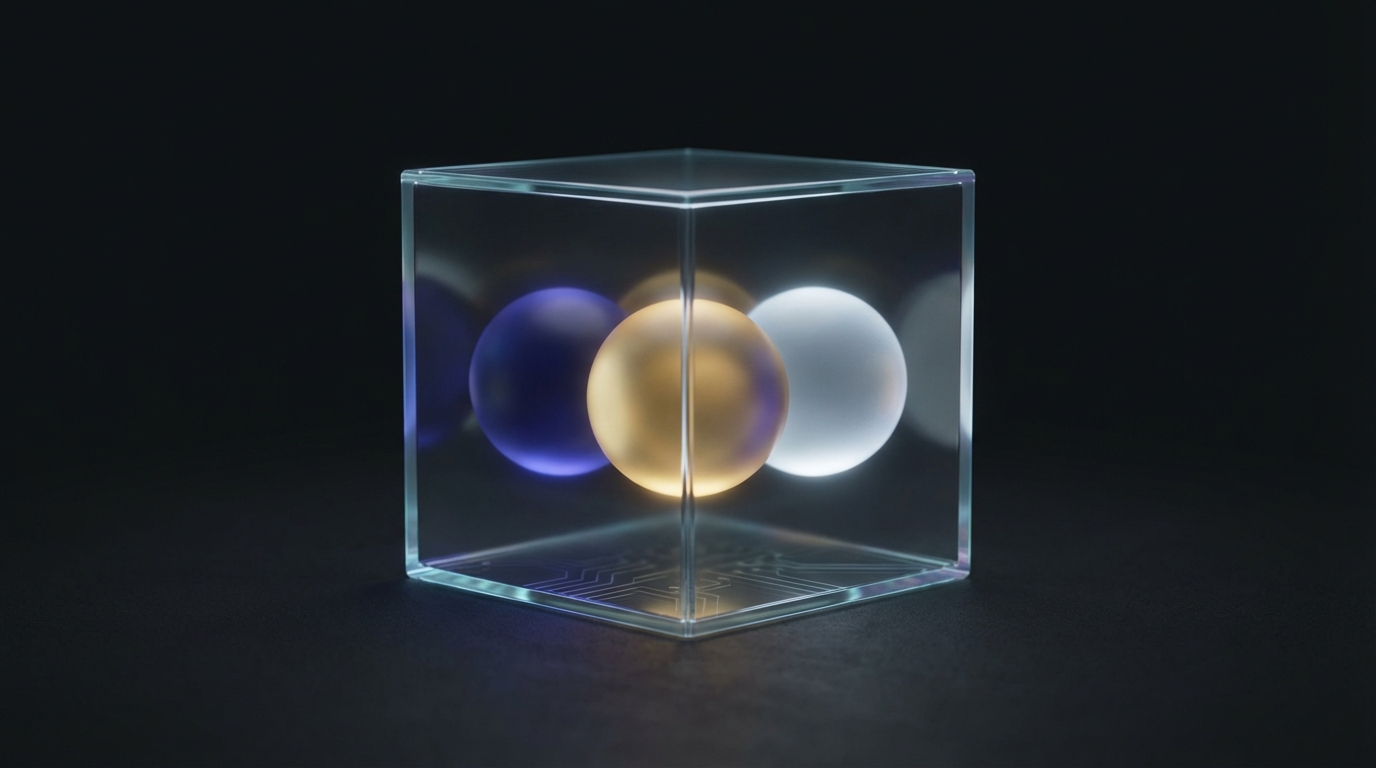 Three glowing spheres — blue, gold, and white — floating inside a translucent glass cube on a dark surface