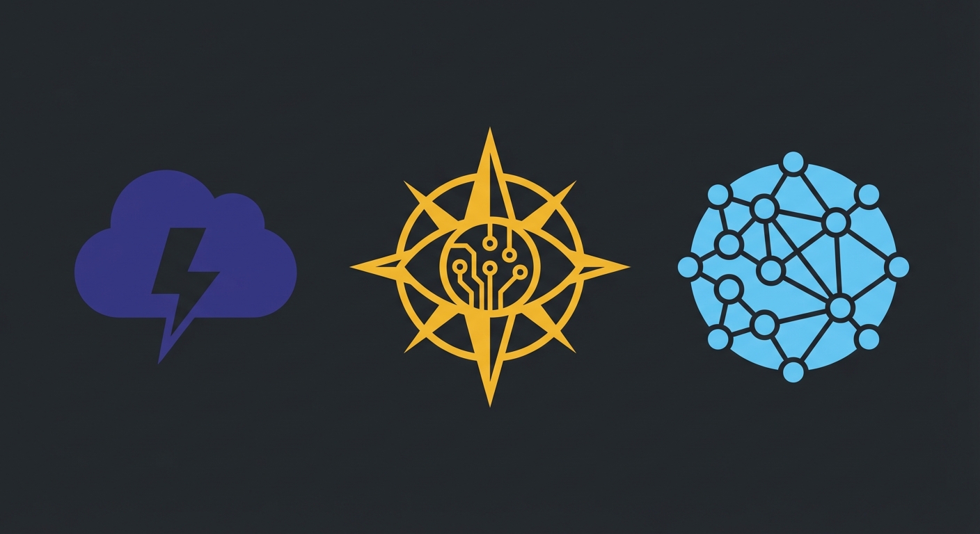 Three agent icons — Nightcrawler as a lightning cloud, Gideon as a compass eye circuit, JARVIS as a neural network sphere