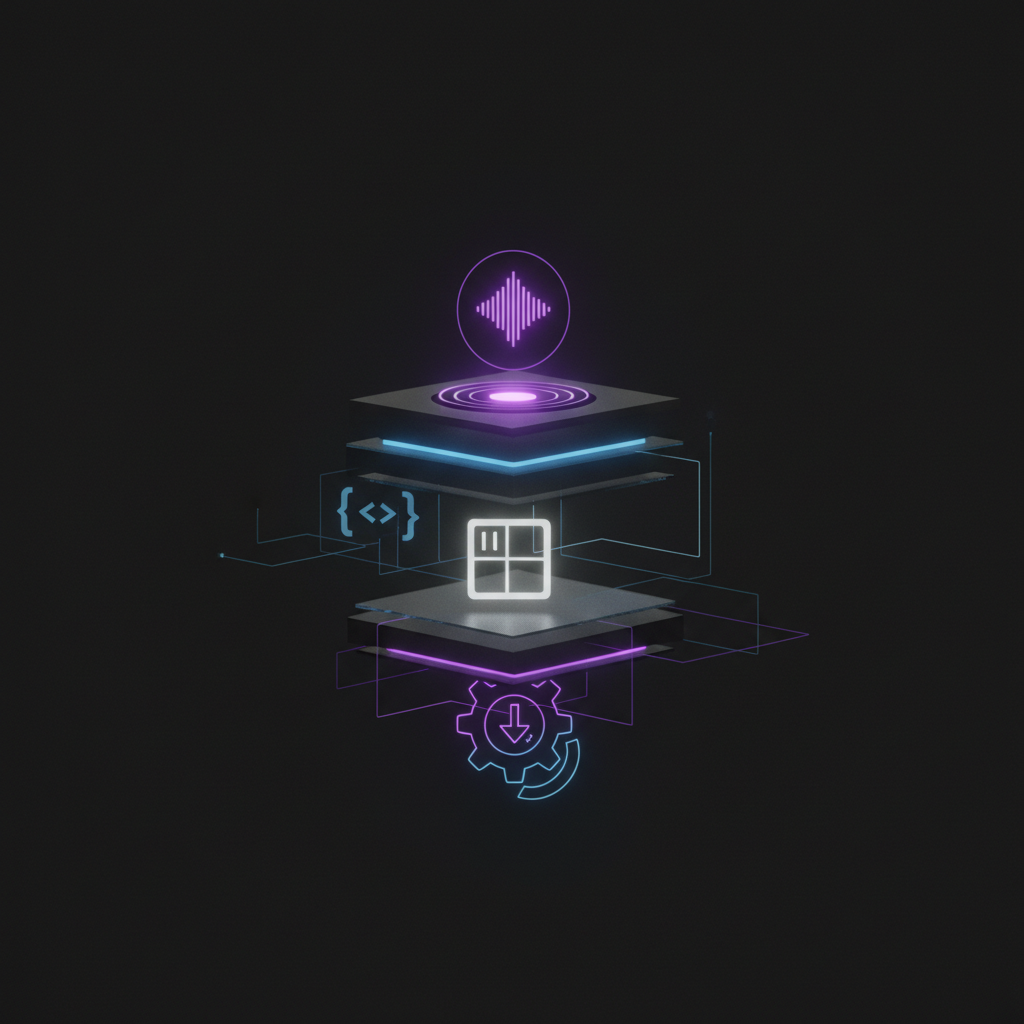 A layered dark-tech workbench with four glowing execution tiers for different kinds of AI work